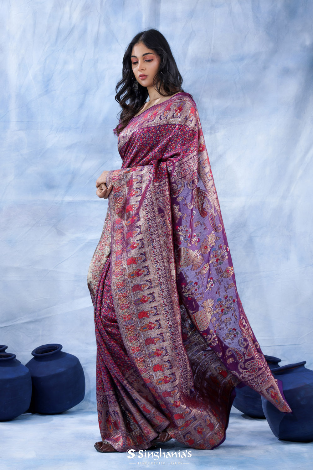 Seance Purple Kani Handloom Saree With Floral Motifs