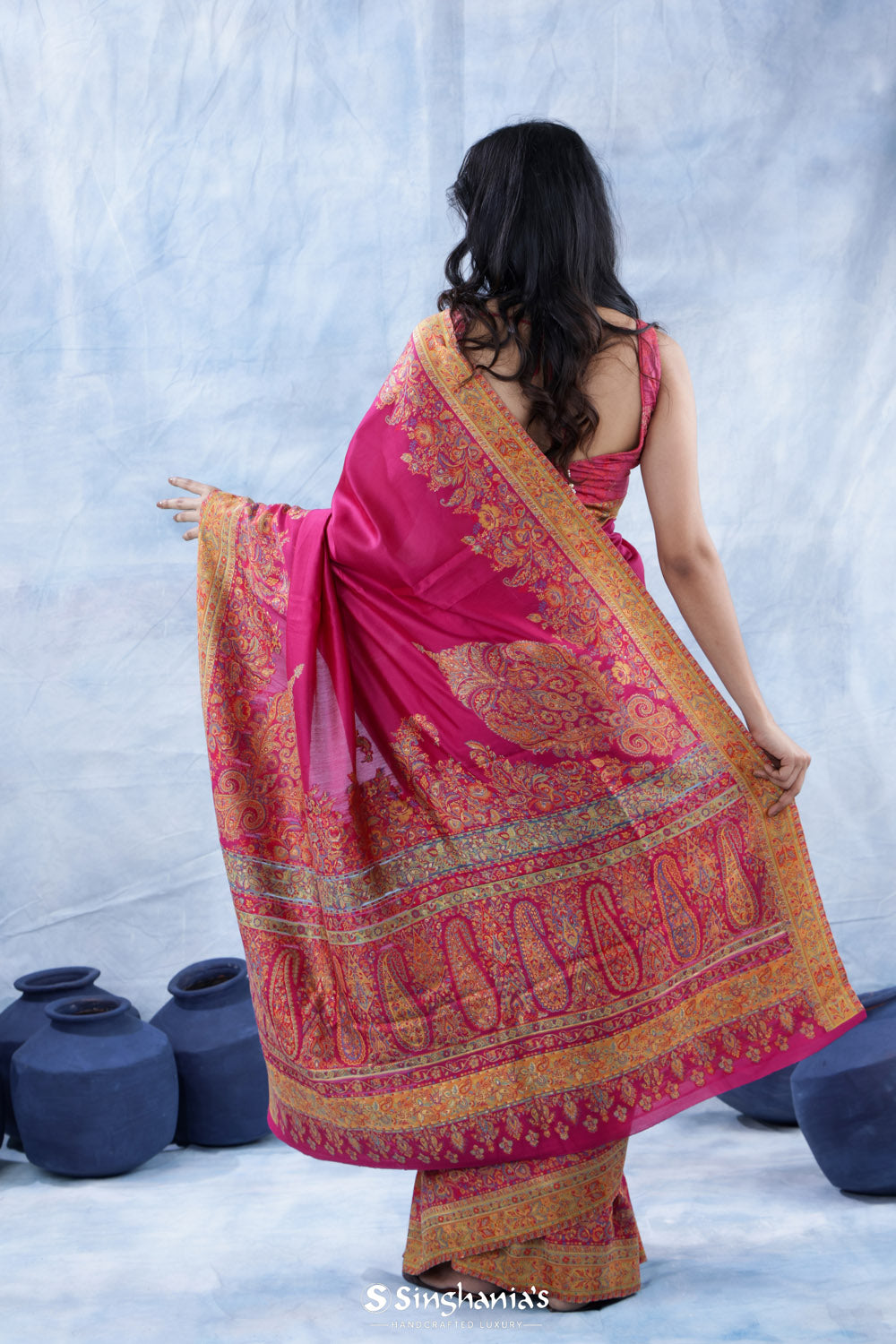 Mexican Pink Kani Handloom Saree With Floral Motifs
