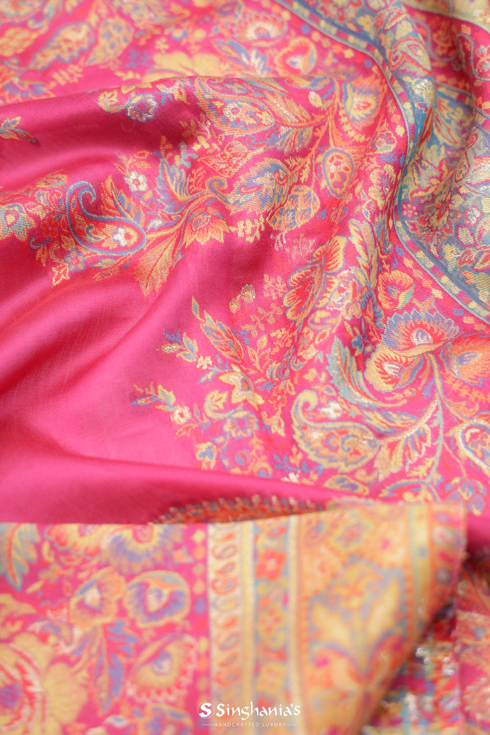 Mexican Pink Kani Handloom Saree With Floral Motifs