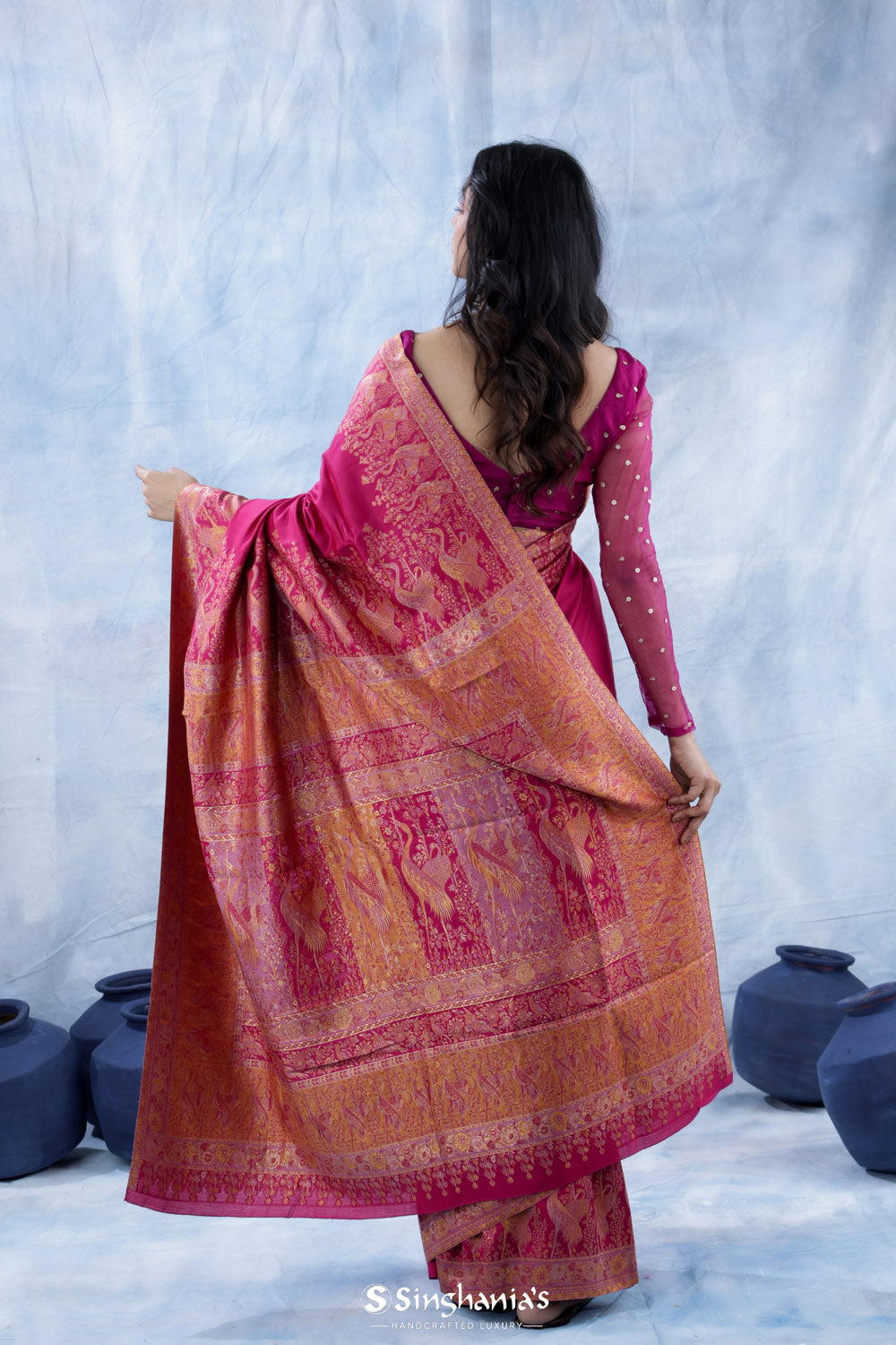 Steel Pink Kani Handloom Saree With Floral Motifs
