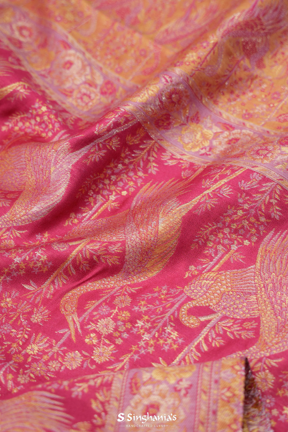 Steel Pink Kani Handloom Saree With Floral Motifs