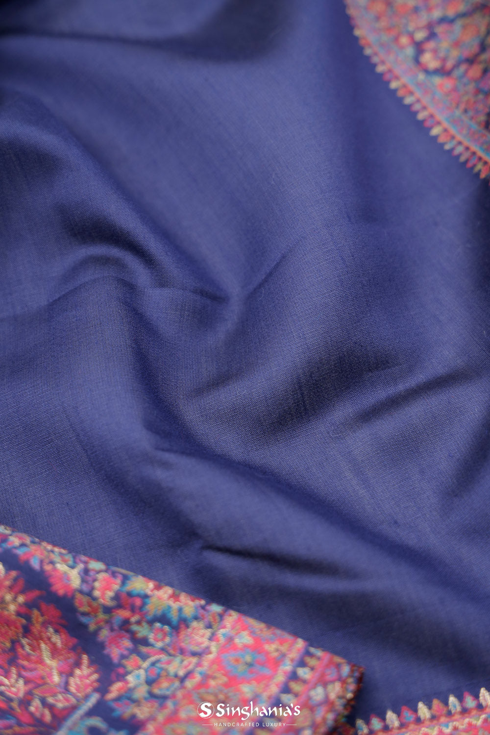Dark Sapphire Blue Kani Handloom Saree With Floral Motifs
