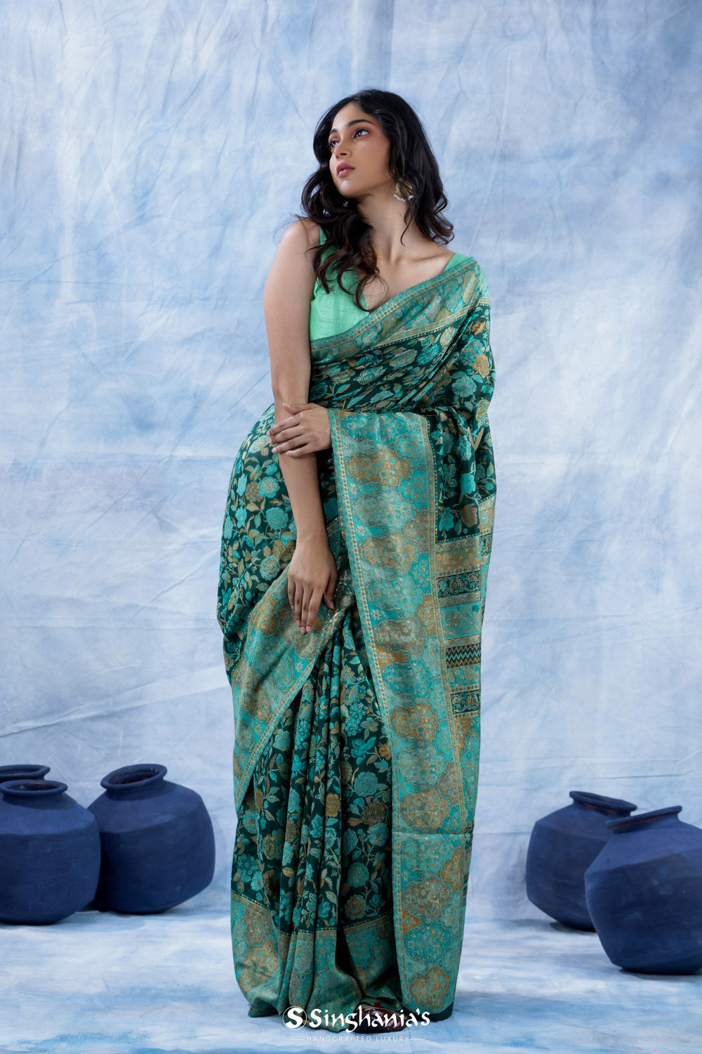Pine Green Kani Handloom Saree With Floral Jaal Design