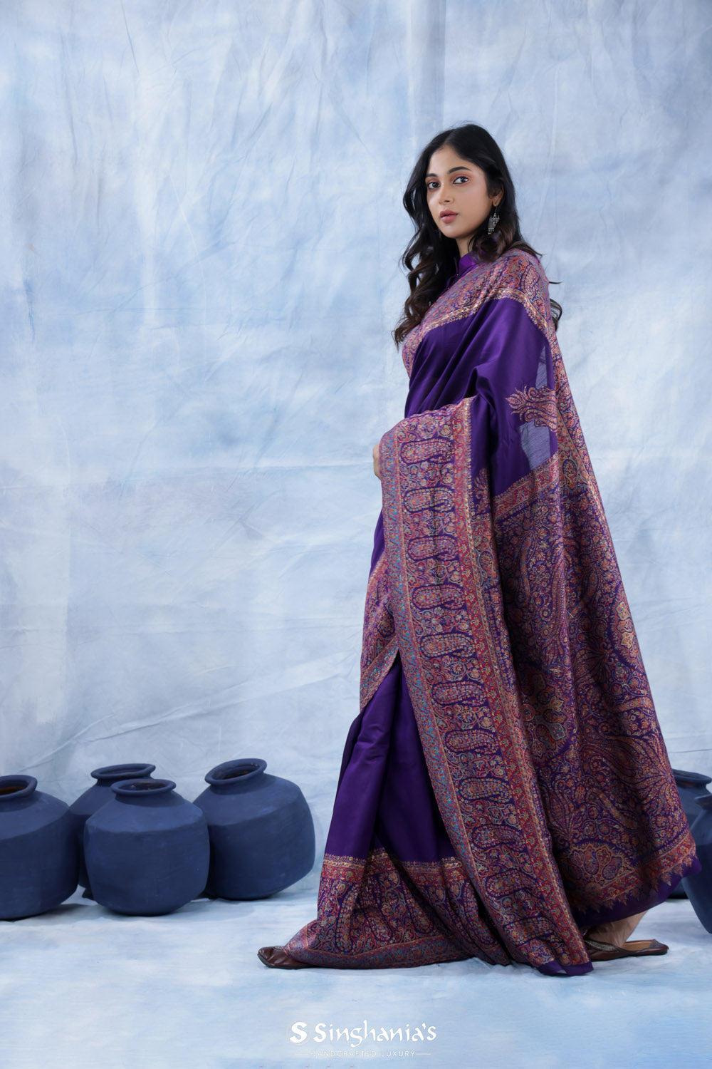 Mythical Purple Kani Handloom Saree With Floral Motifs