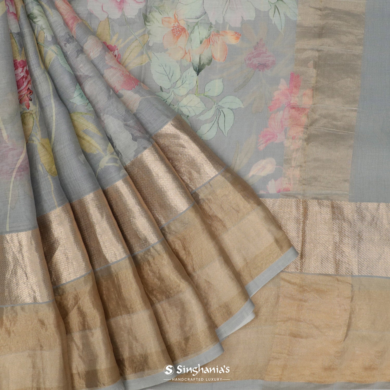 Storm Gray Printed Maheshwari Saree With Floral Pattern