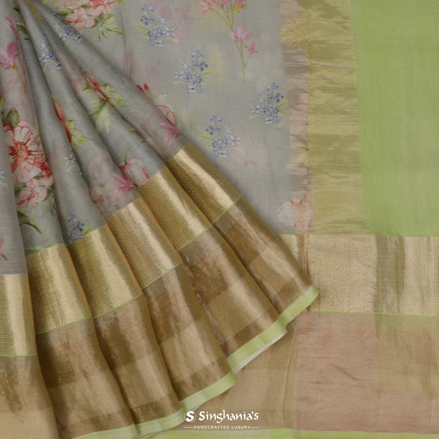 Stone Eagle Gray Printed Maheshwari Saree With Floral Pattern