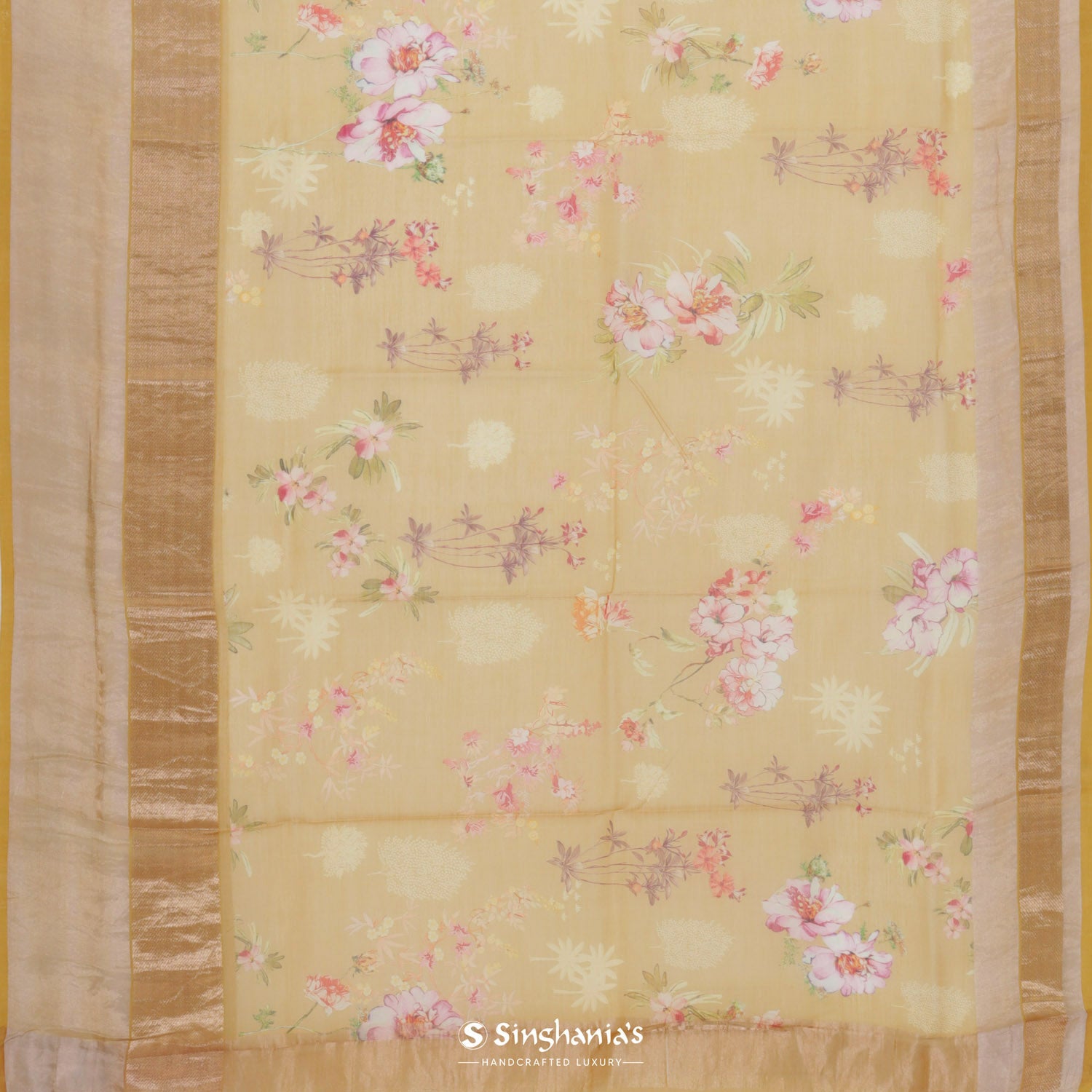 Daisy Yellow Printed Maheshwari Saree With Floral Pattern
