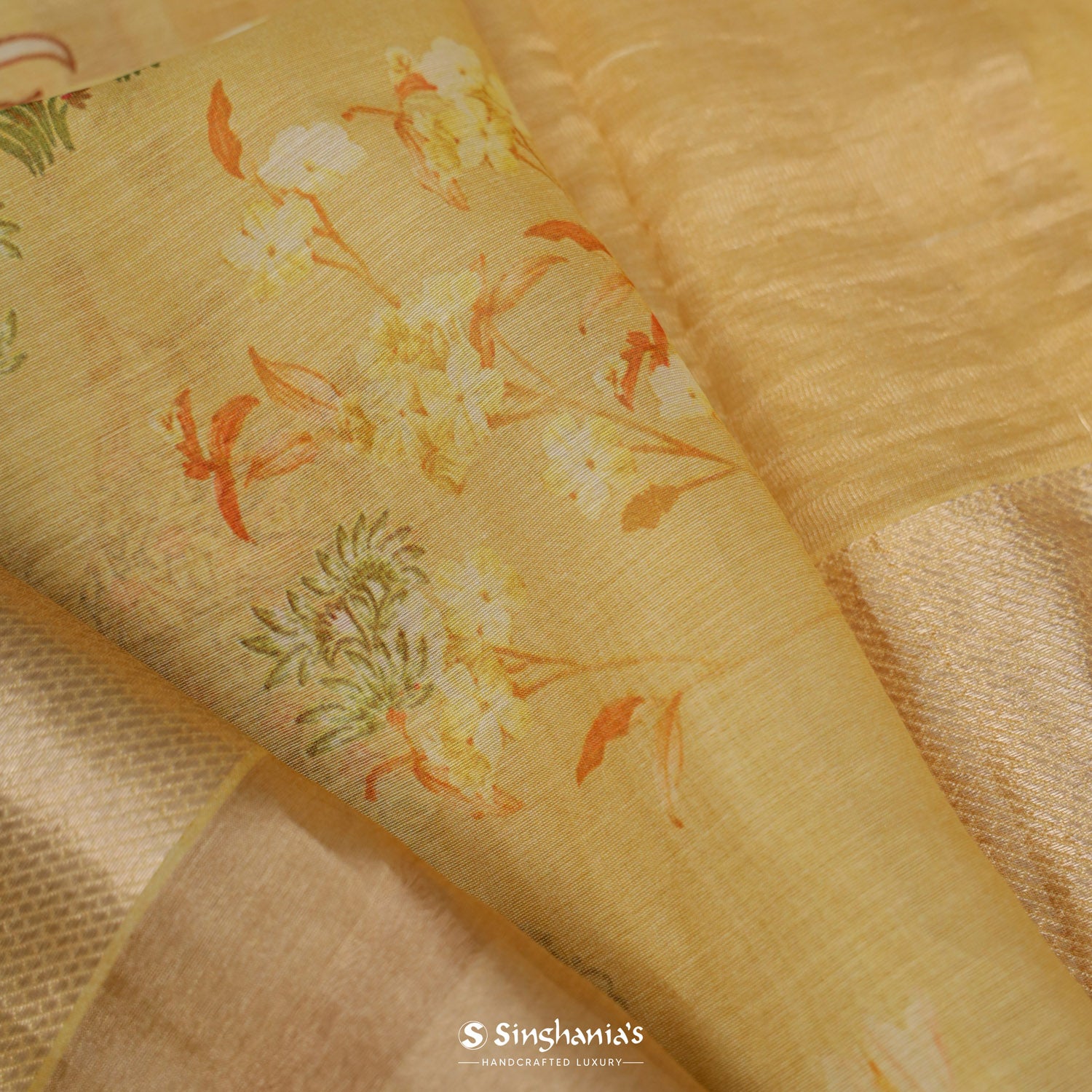 Sand Yellow Printed Maheshwari Saree With Floral Pattern