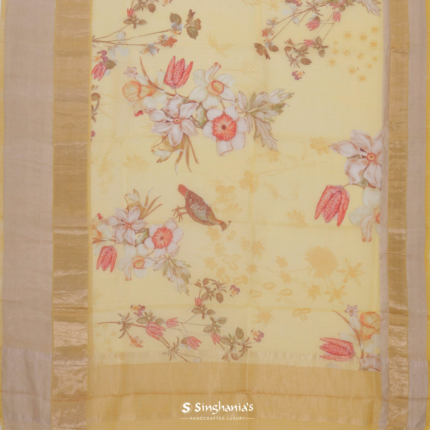 Light Saffron Yellow Printed Maheshwari Saree With Floral Pattern