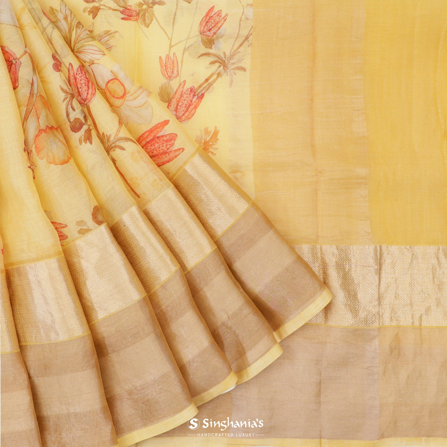 Light Saffron Yellow Printed Maheshwari Saree With Floral Pattern