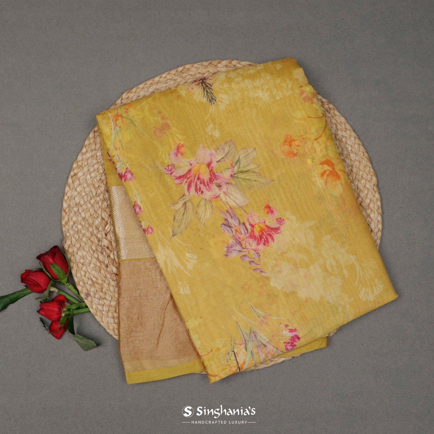 Mustard Yellow Printed Maheshwari Saree With Floral Pattern