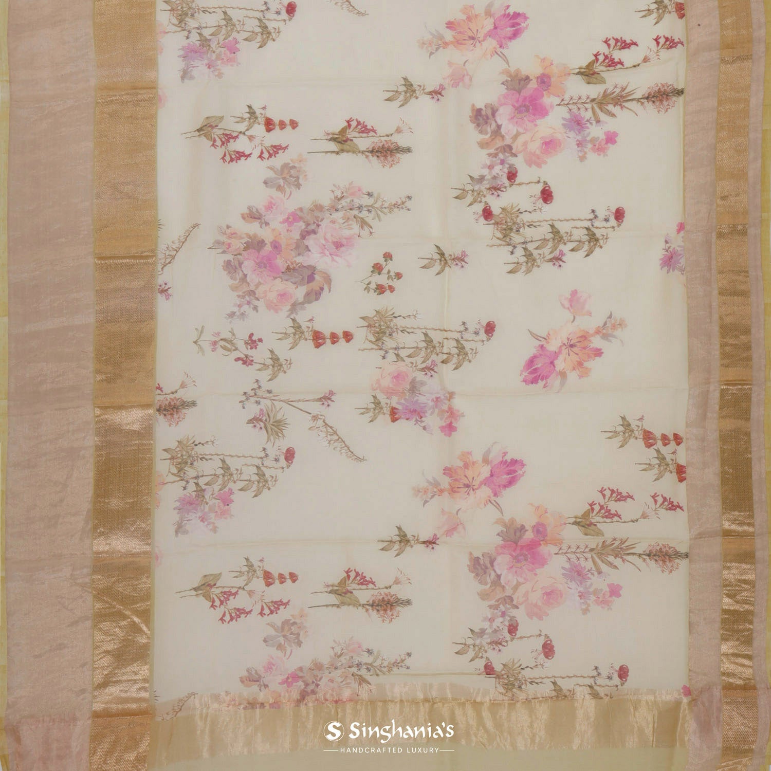 Bayshore Beige Printed Maheshwari Saree With Floral Pattern