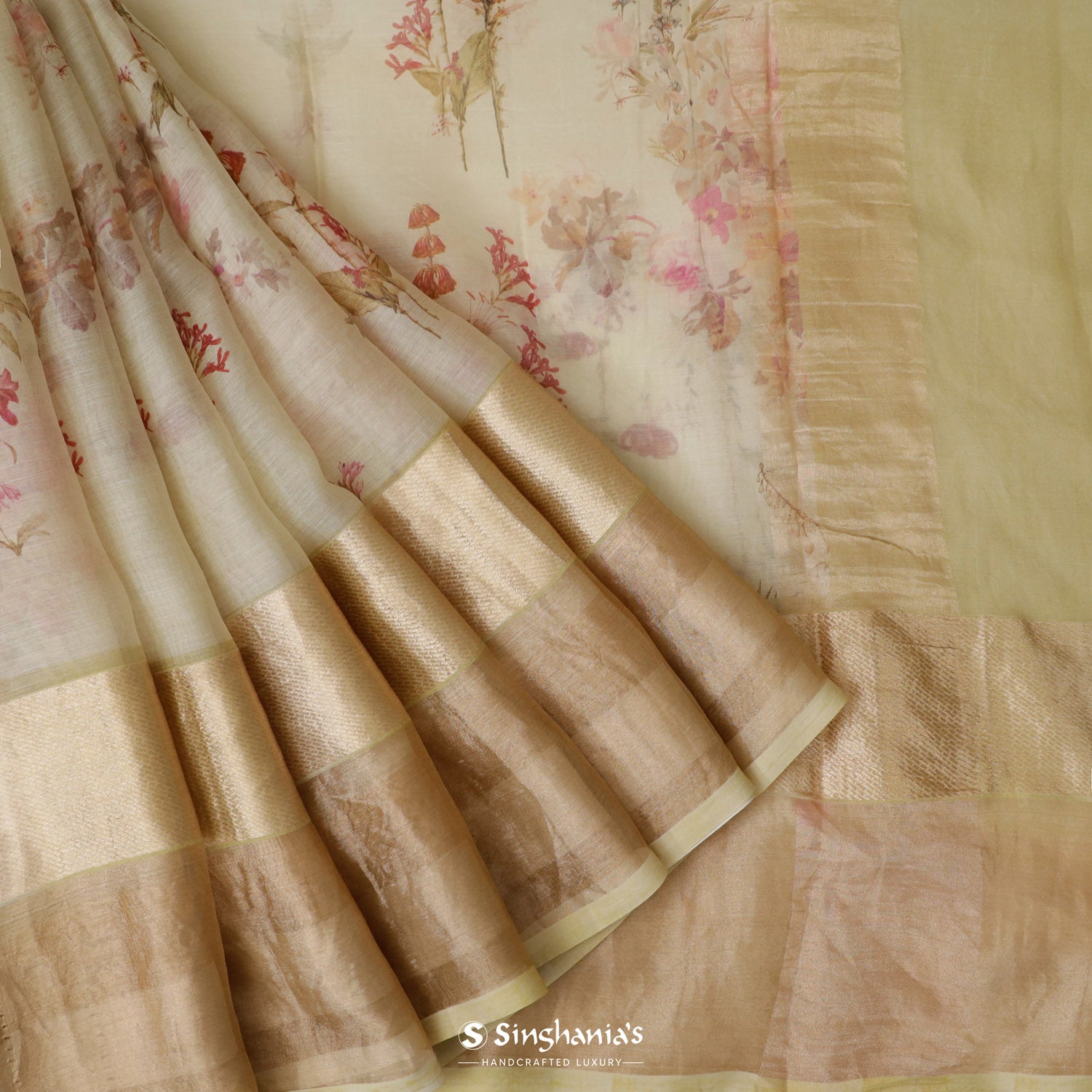 Bayshore Beige Printed Maheshwari Saree With Floral Pattern