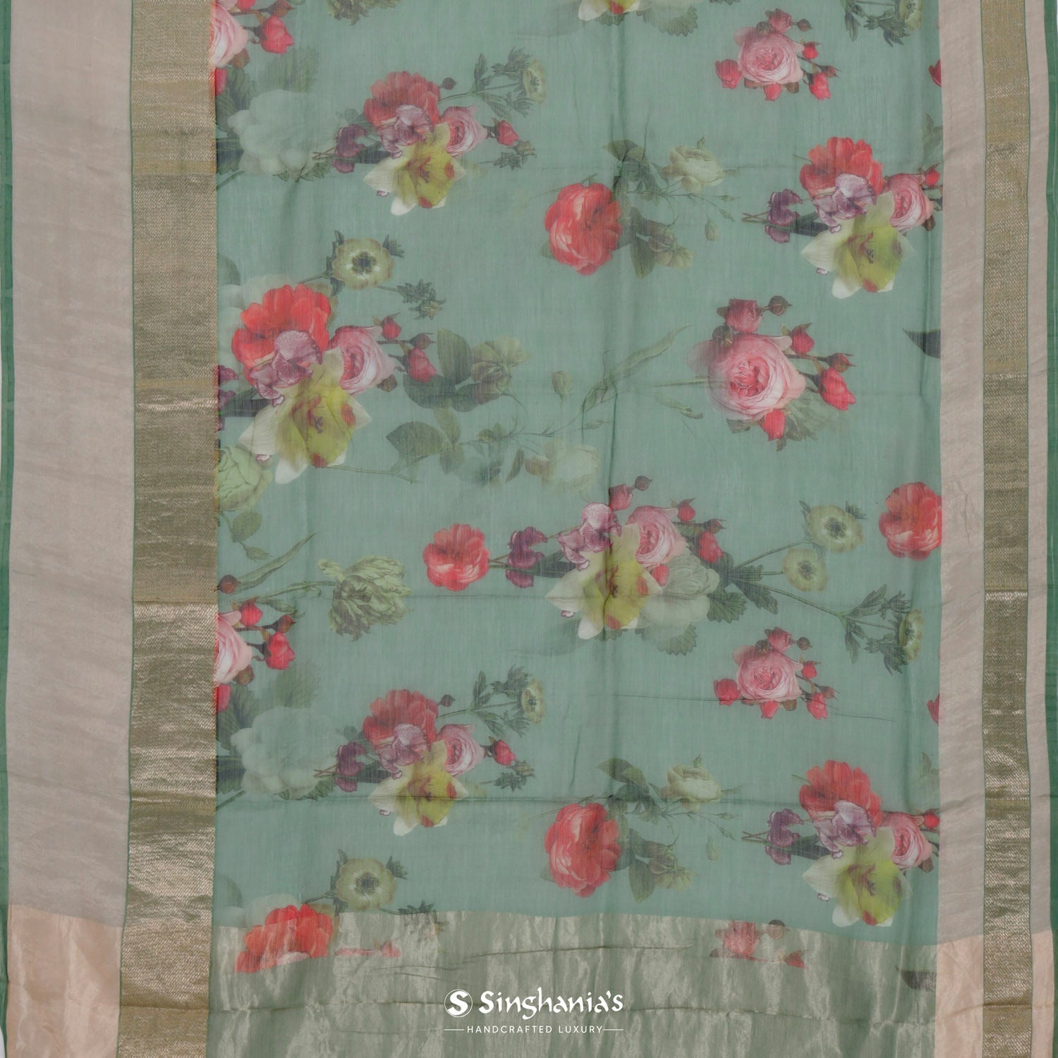 Hunter Green Printed Maheshwari Saree With Floral Pattern