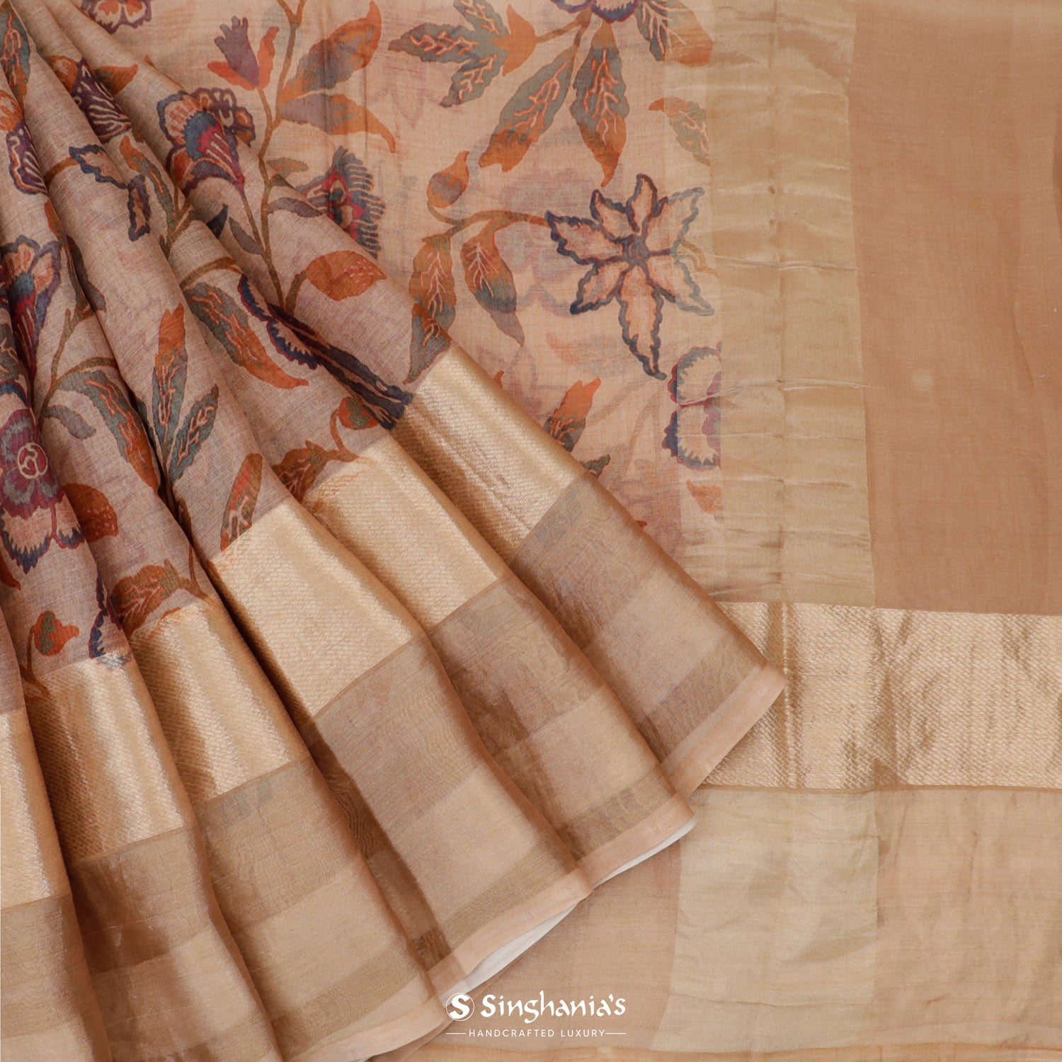 Maple Sugar Brown Printed Maheshwari Saree With Floral Pattern