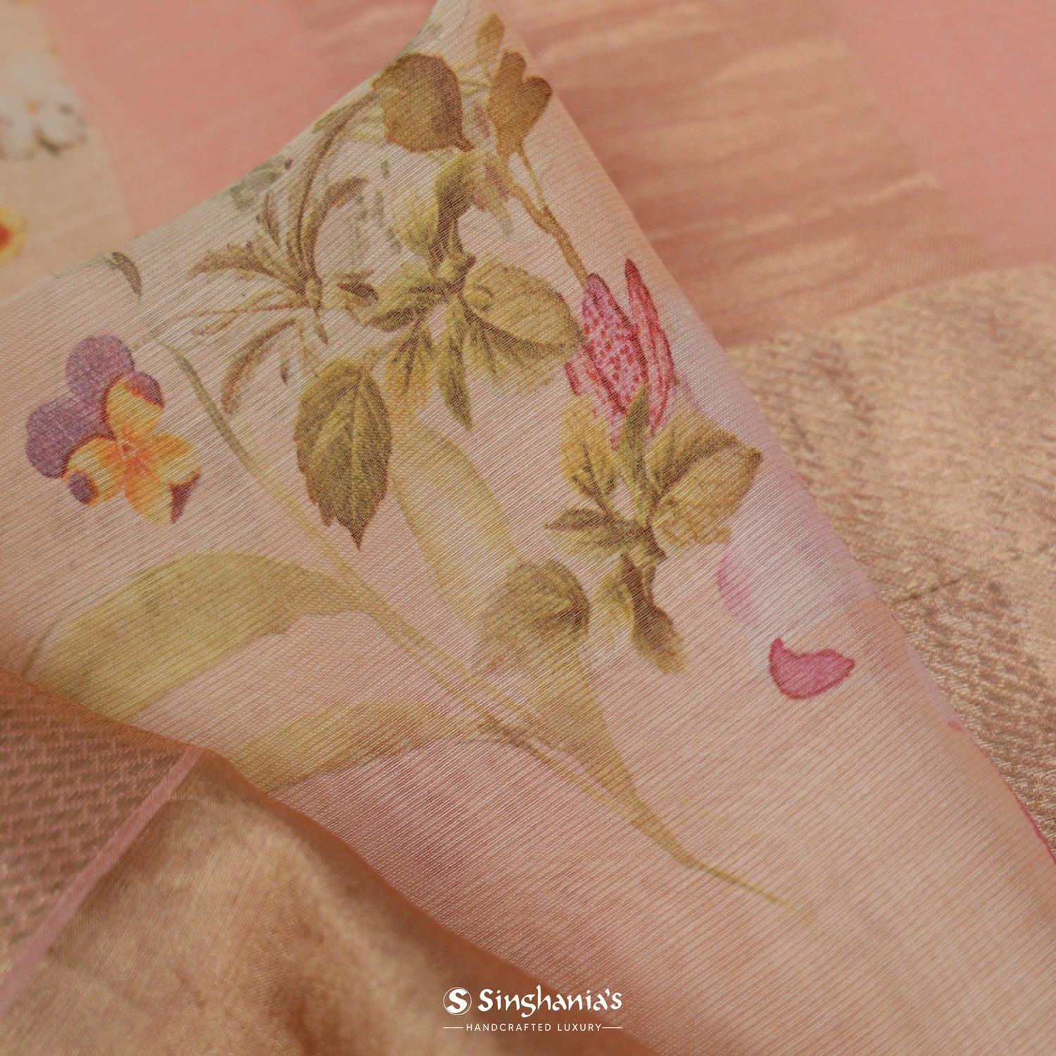 Baby Pink Printed Maheshwari Saree With Floral Pattern