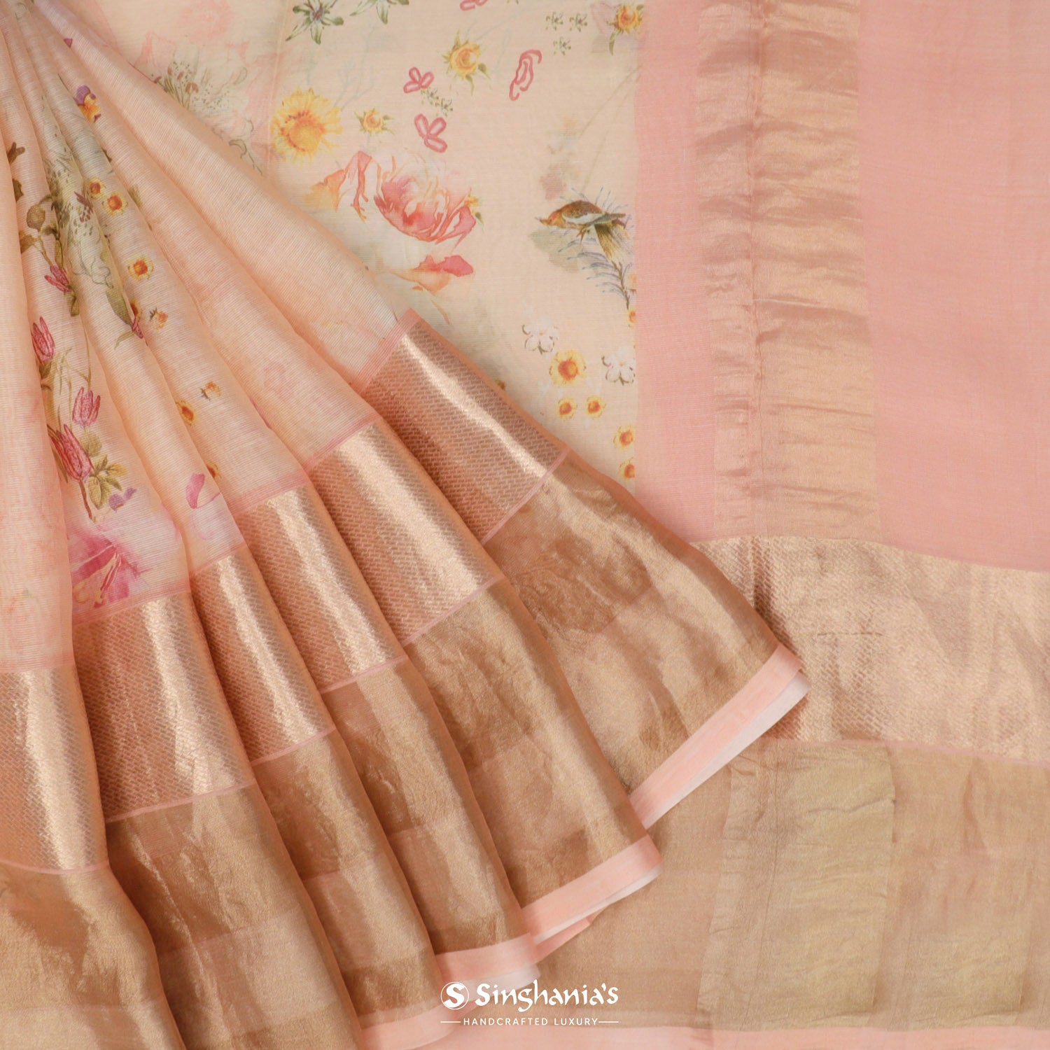 Baby Pink Printed Maheshwari Saree With Floral Pattern