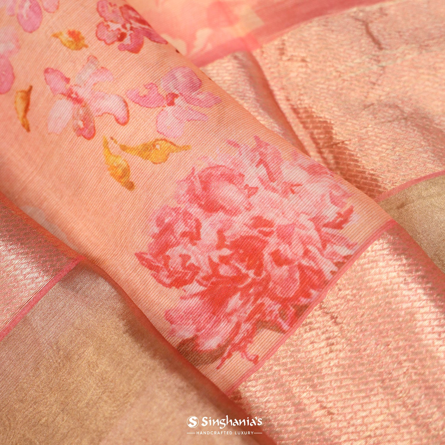 Brink Pink Printed Maheshwari Saree With Floral Pattern