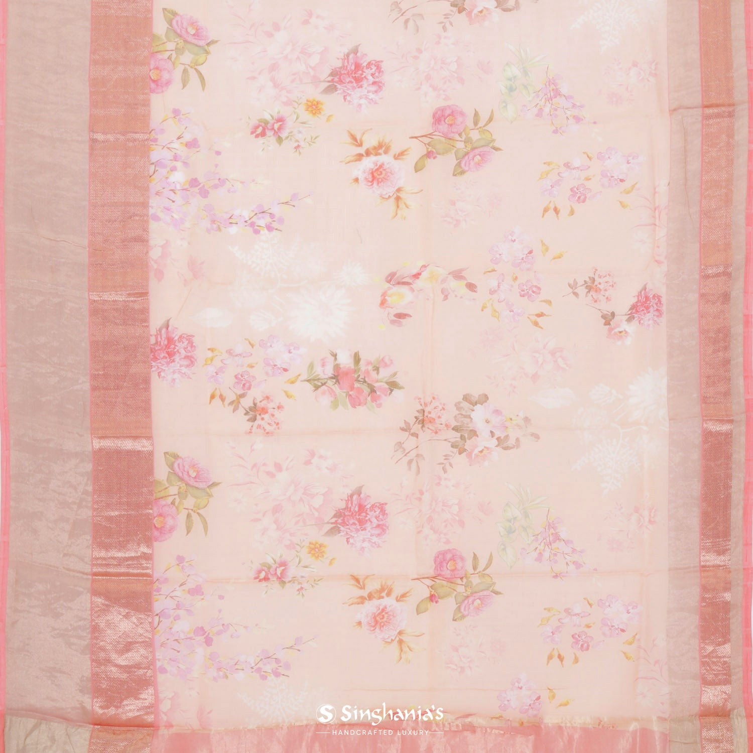 Brink Pink Printed Maheshwari Saree With Floral Pattern