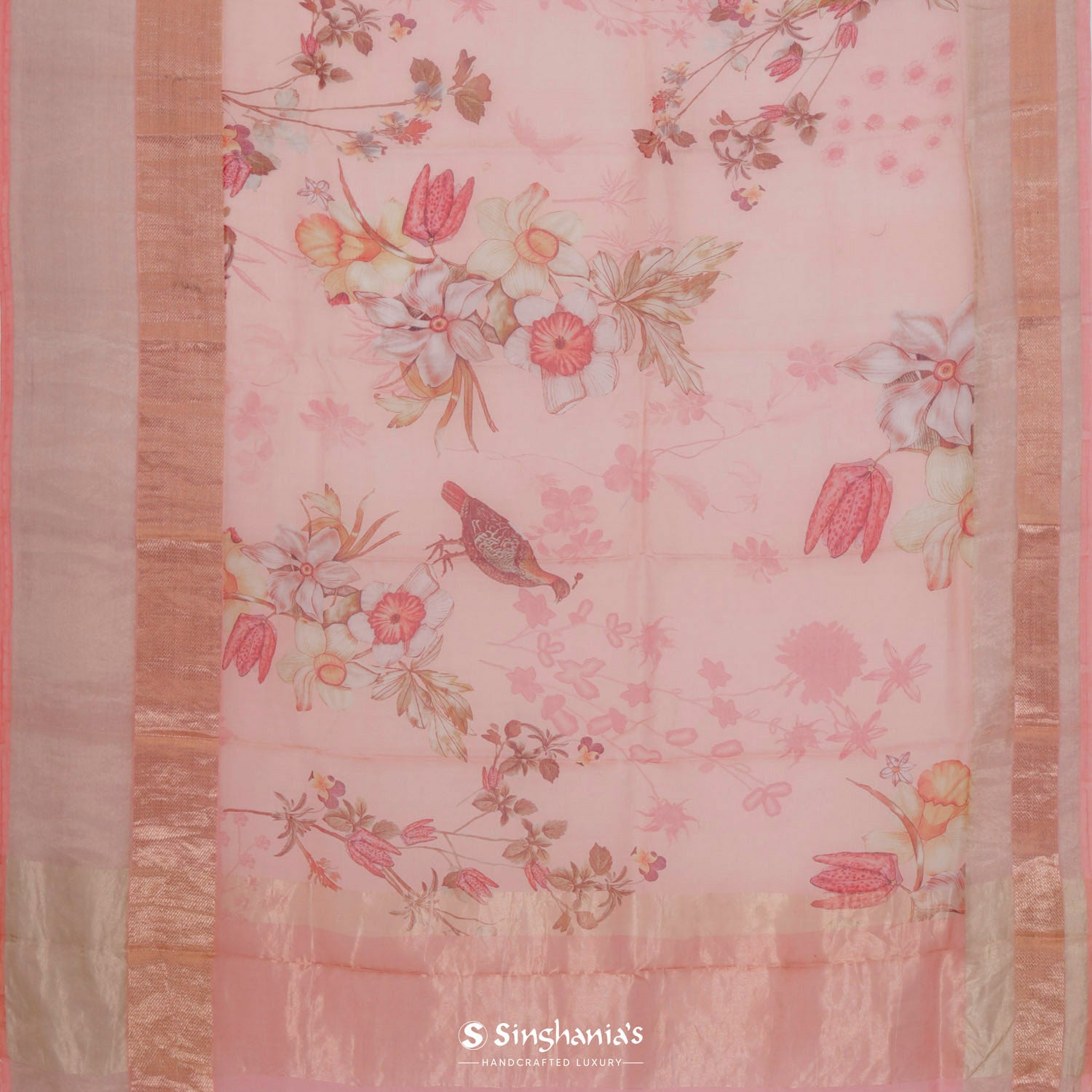 Cherry Blossom Pink Printed Maheshwari Saree With Floral Pattern