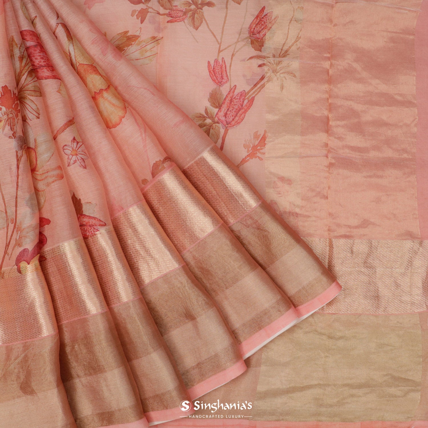 Cherry Blossom Pink Printed Maheshwari Saree With Floral Pattern