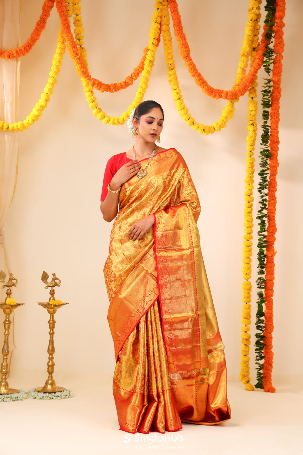 Orange Gold Tissue Kanjivaram Saree With Jaal Weaving