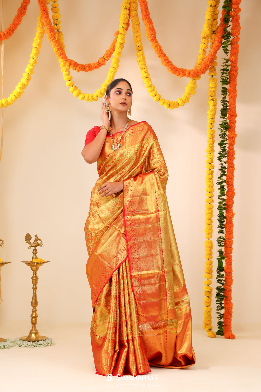 Orange Gold Tissue Kanjivaram Saree With Jaal Weaving