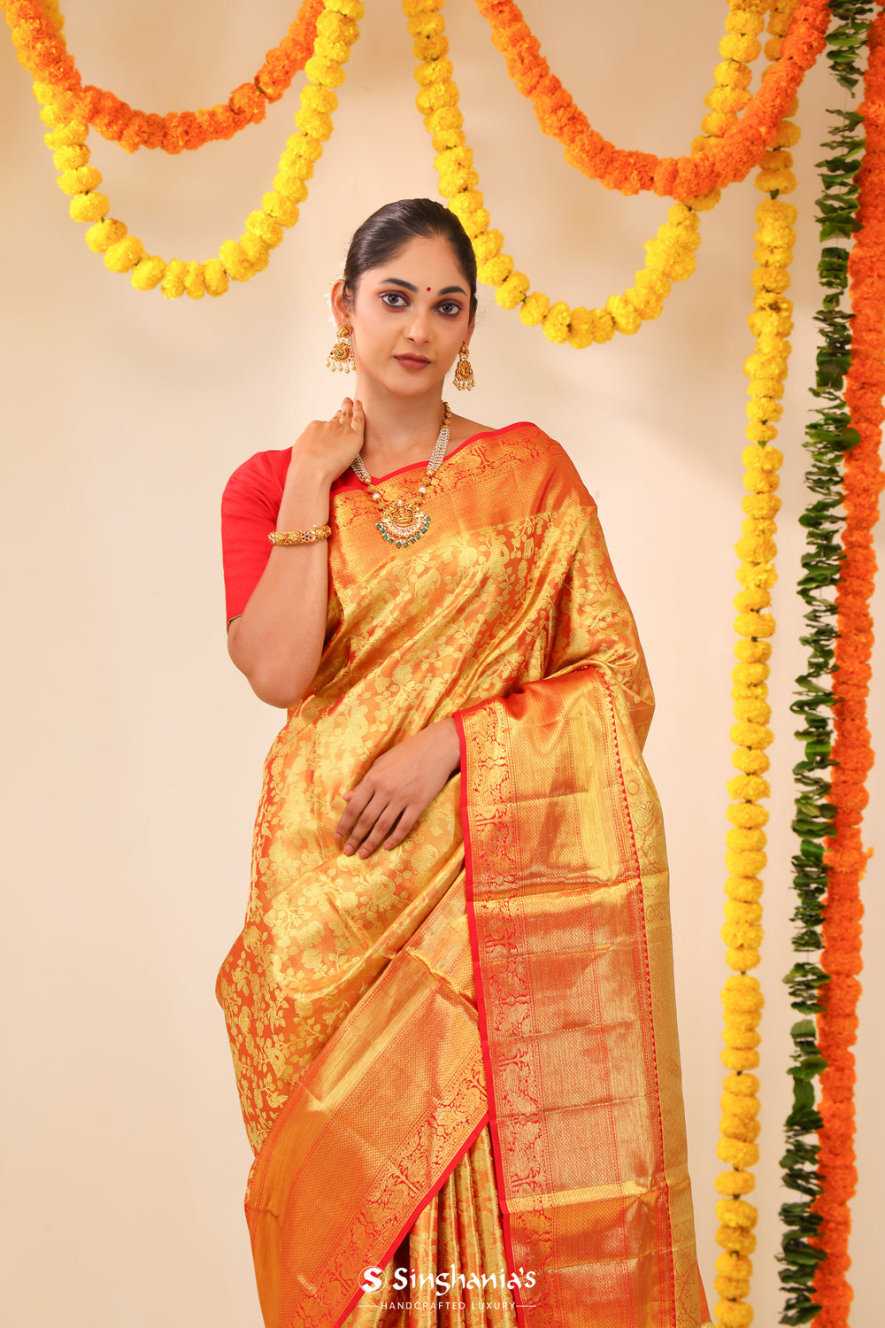 Orange Gold Tissue Kanjivaram Saree With Jaal Weaving