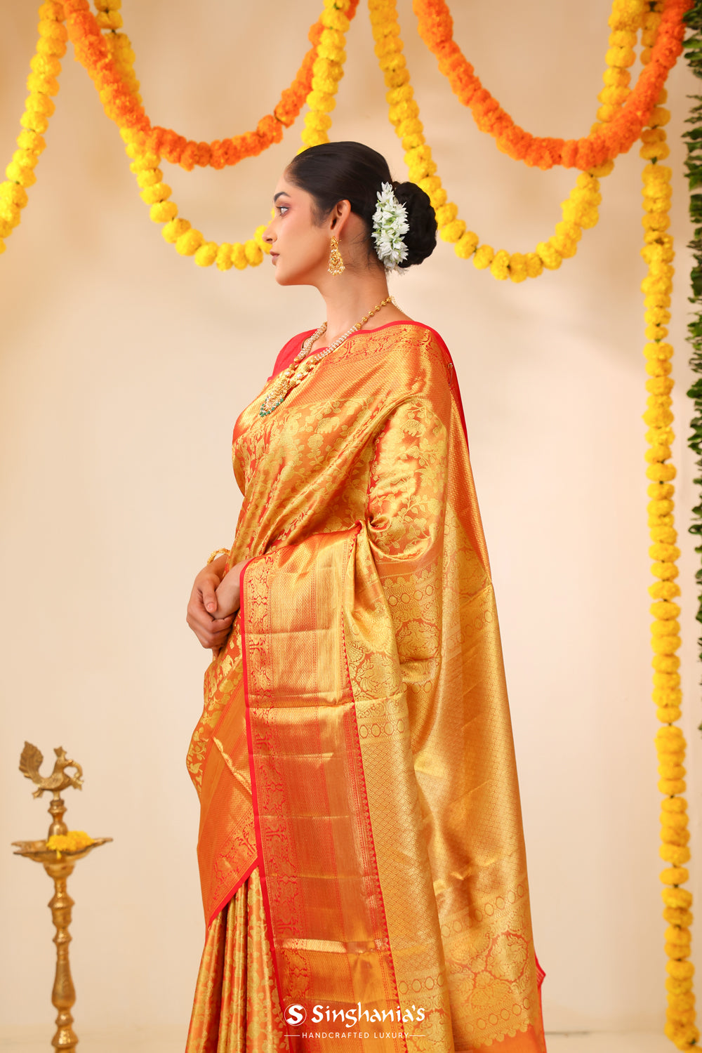 Orange Gold Tissue Kanjivaram Saree With Jaal Weaving