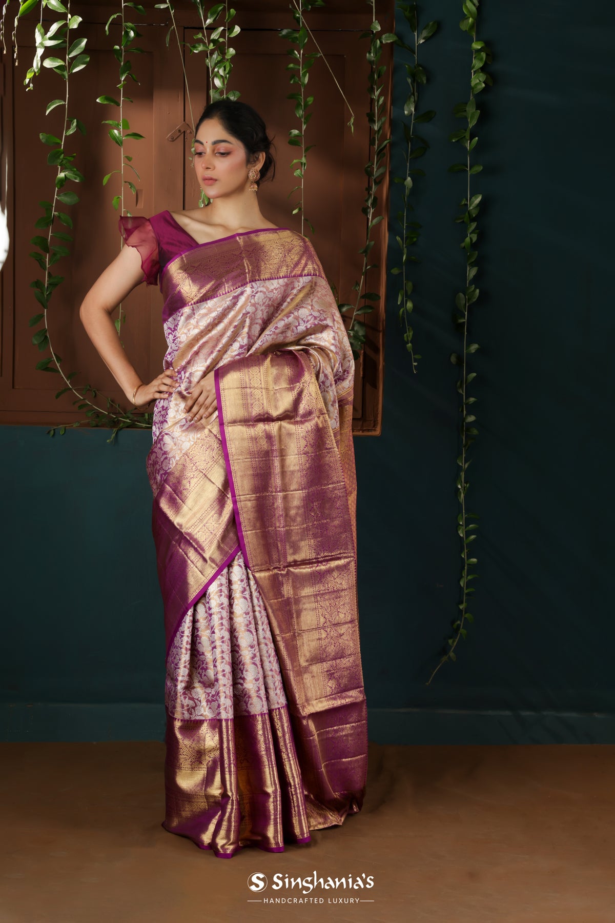 Eminence Purple Tissue Kanjivaram Saree With Floral Jaal Weaving