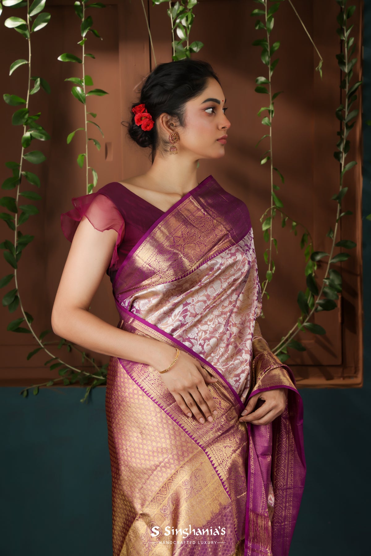 Eminence Purple Tissue Kanjivaram Saree With Floral Jaal Weaving