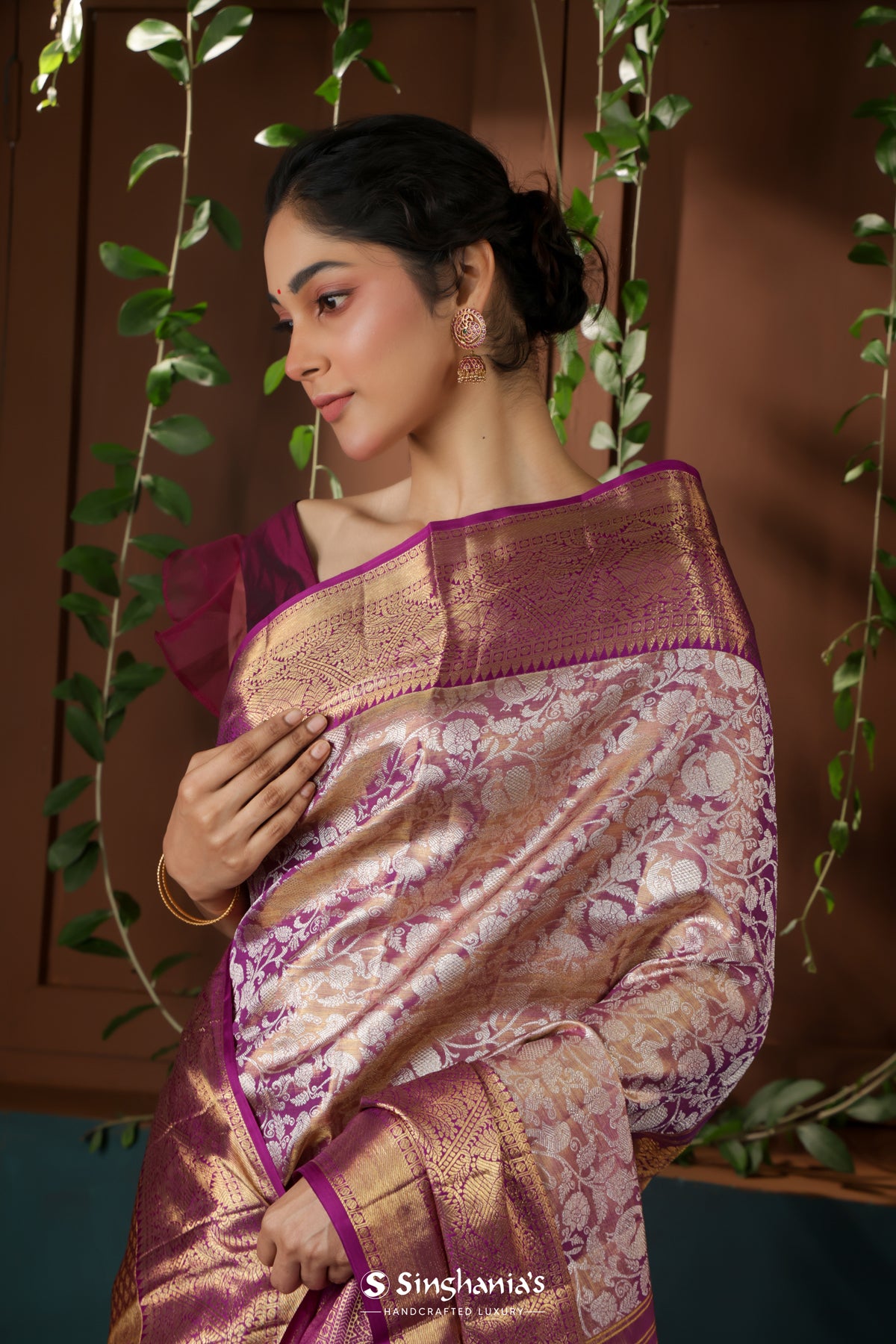 Eminence Purple Tissue Kanjivaram Saree With Floral Jaal Weaving