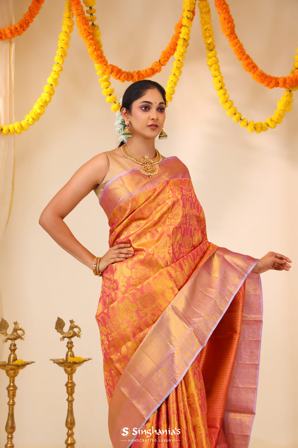 Rose Gold Tissue Kanjivaram Saree With Floral Paisley Weaving