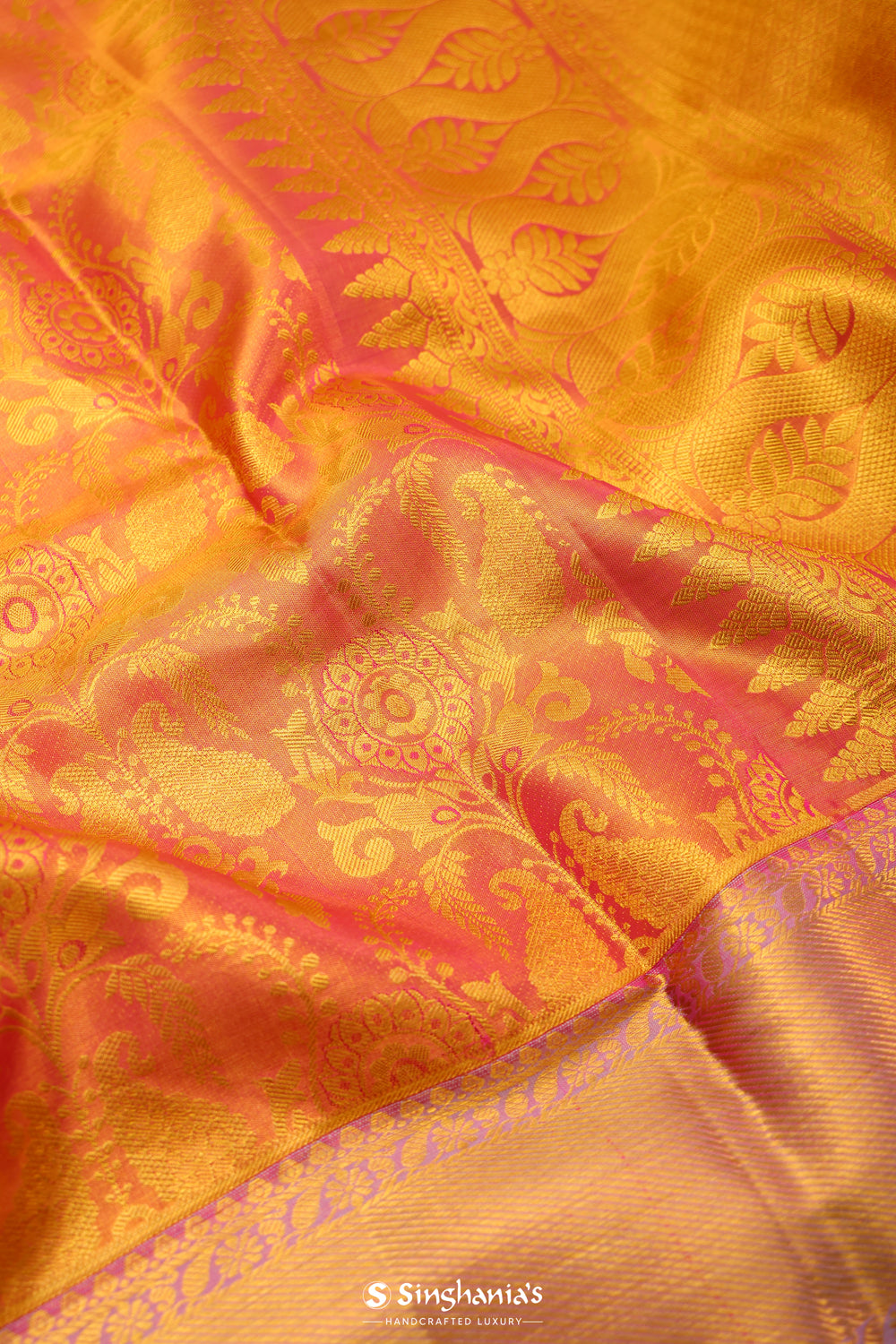 Rose Gold Tissue Kanjivaram Saree With Floral Paisley Weaving