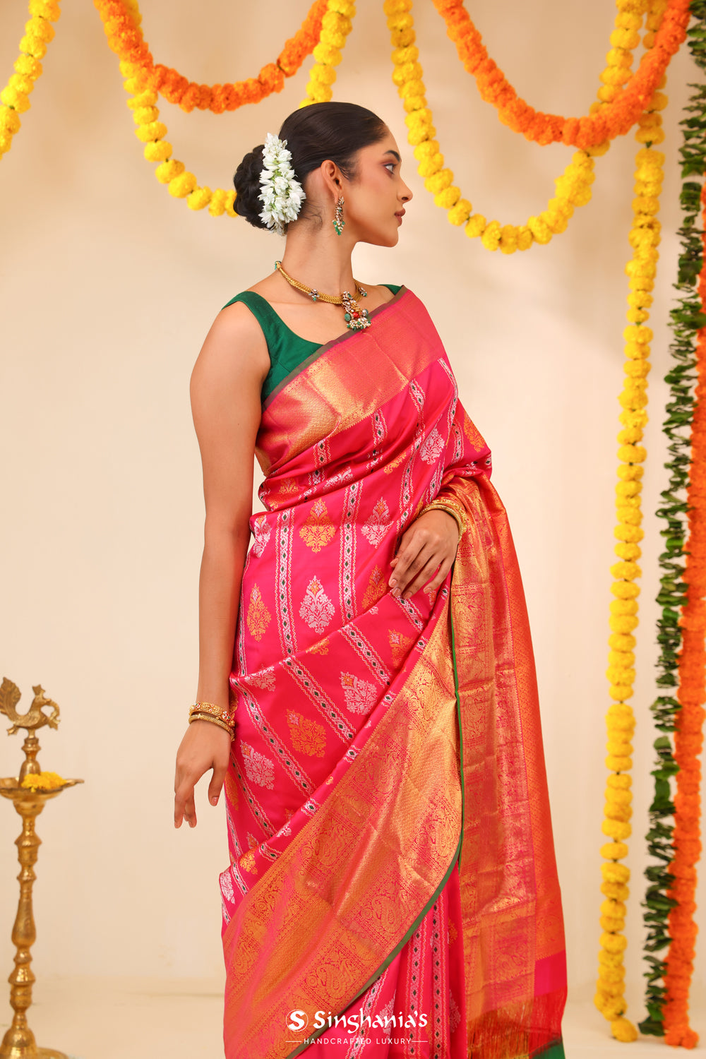 Deep Pink Kanjivaram Silk Saree With Floral Butta Weaving