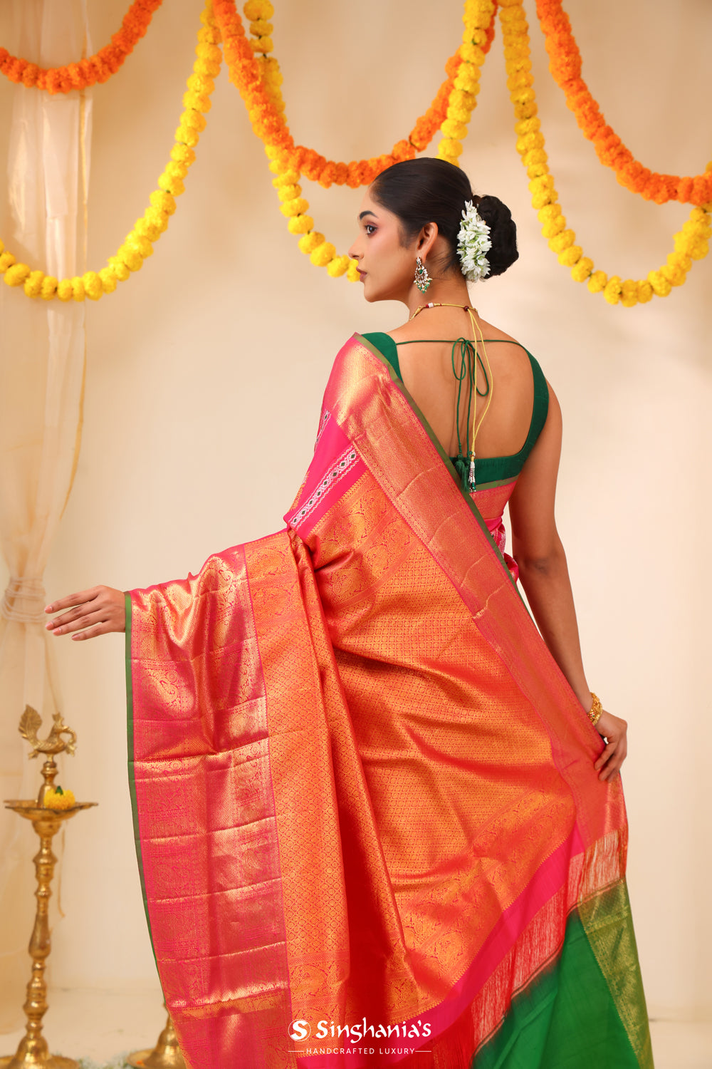 Deep Pink Kanjivaram Silk Saree With Floral Butta Weaving