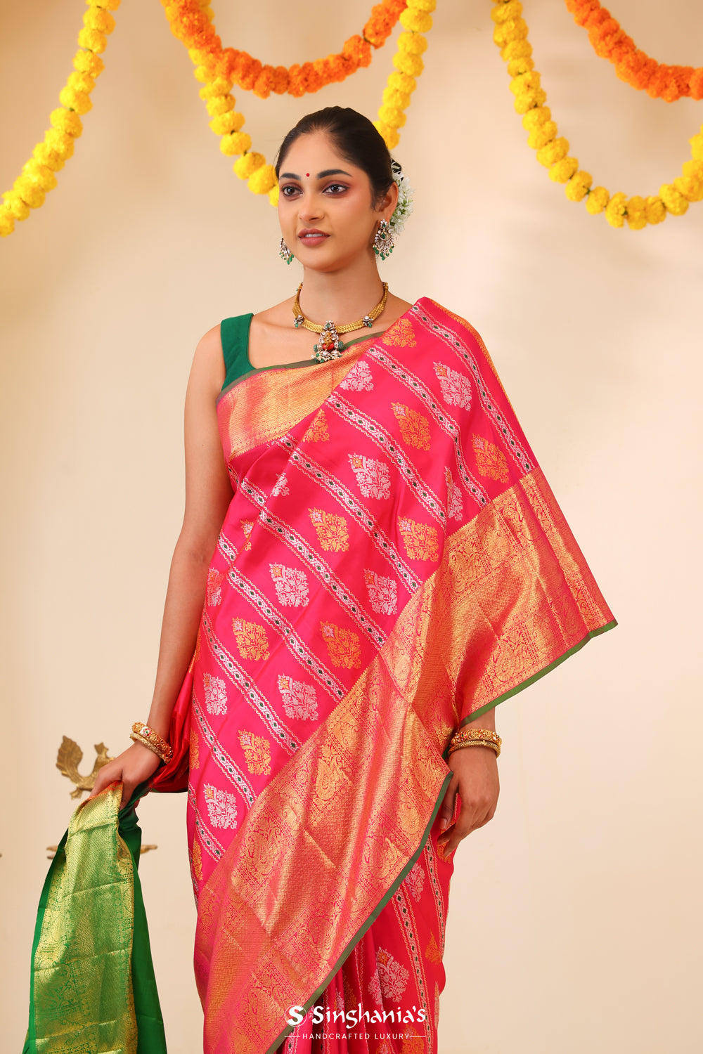 Deep Pink Kanjivaram Silk Saree With Floral Butta Weaving