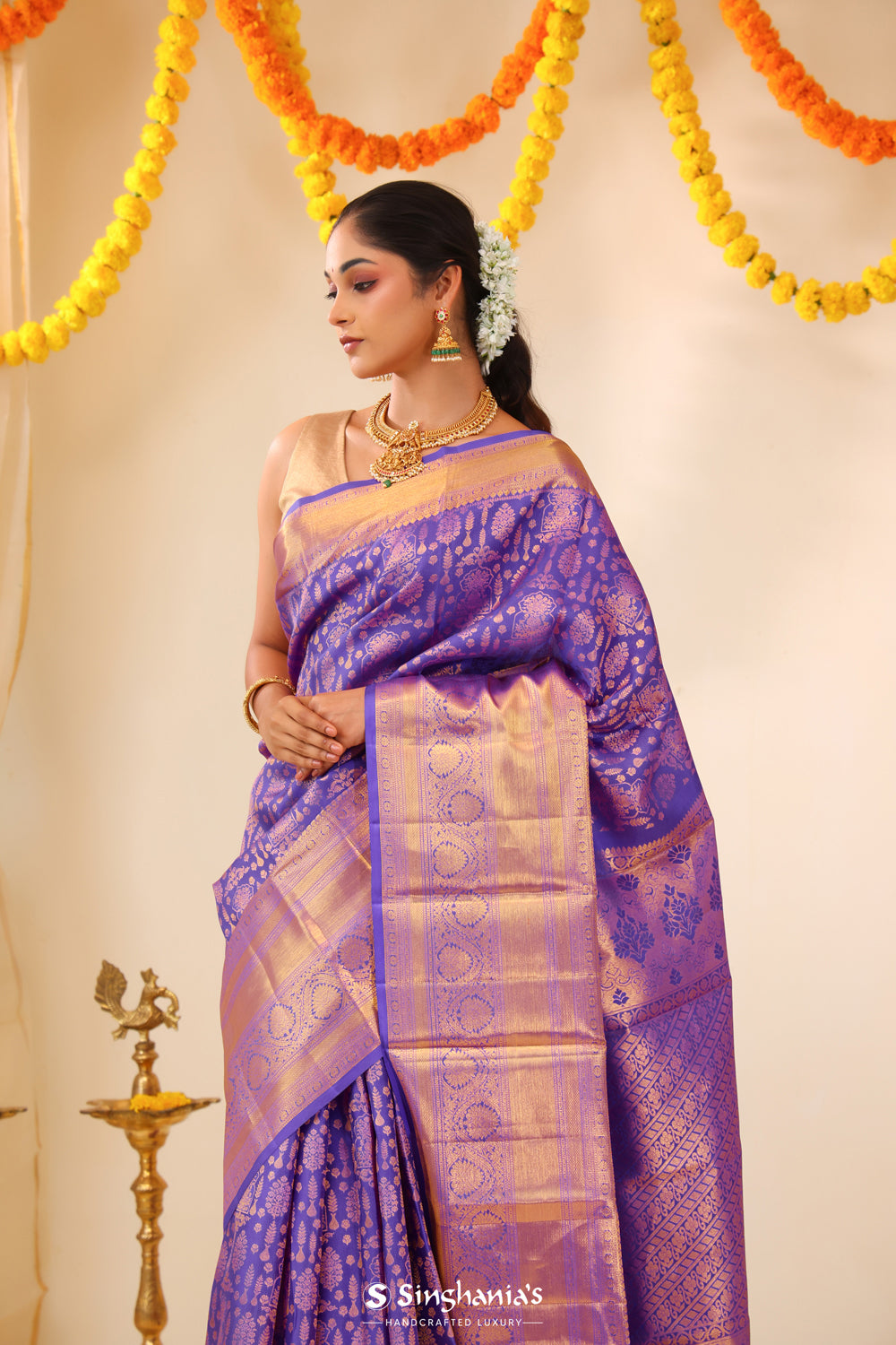 Medium Orchid Kanjivaram Silk Saree With Floral Butta Weaving