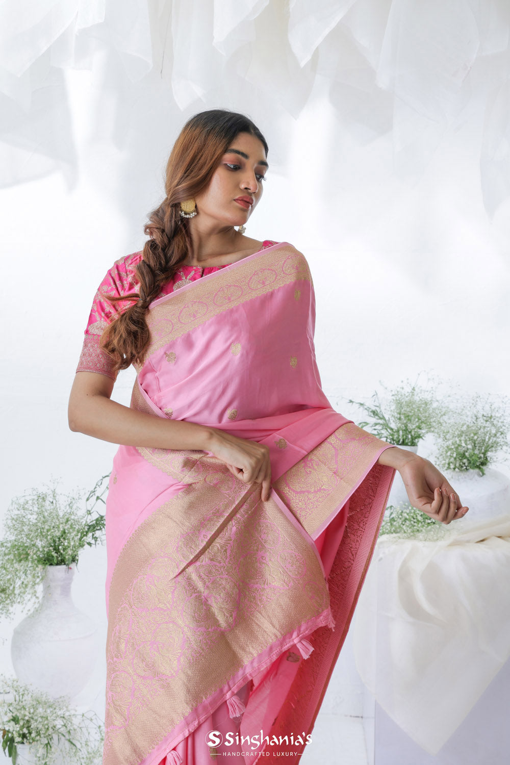 Light Pink Banarasi Mashru Silk Saree With Floral Buttis