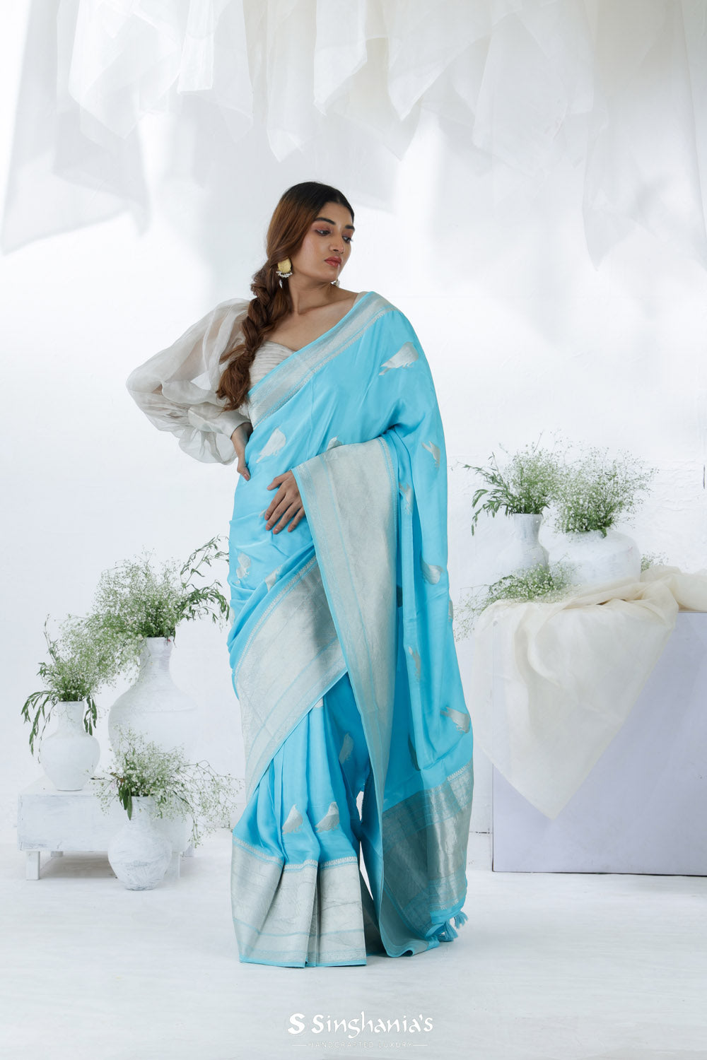 Bright Blue Banarasi Mashru Silk Saree With Bird Motif