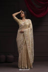 Almond Brown Tissue Designer Saree With Floral Embroidery