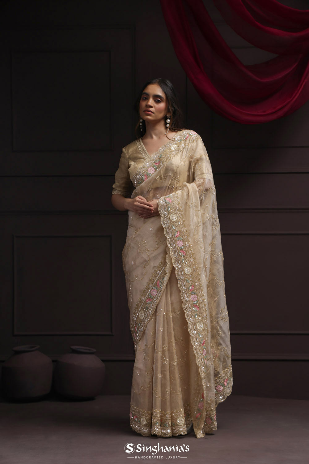 Almond Brown Tissue Designer Saree With Floral Embroidery