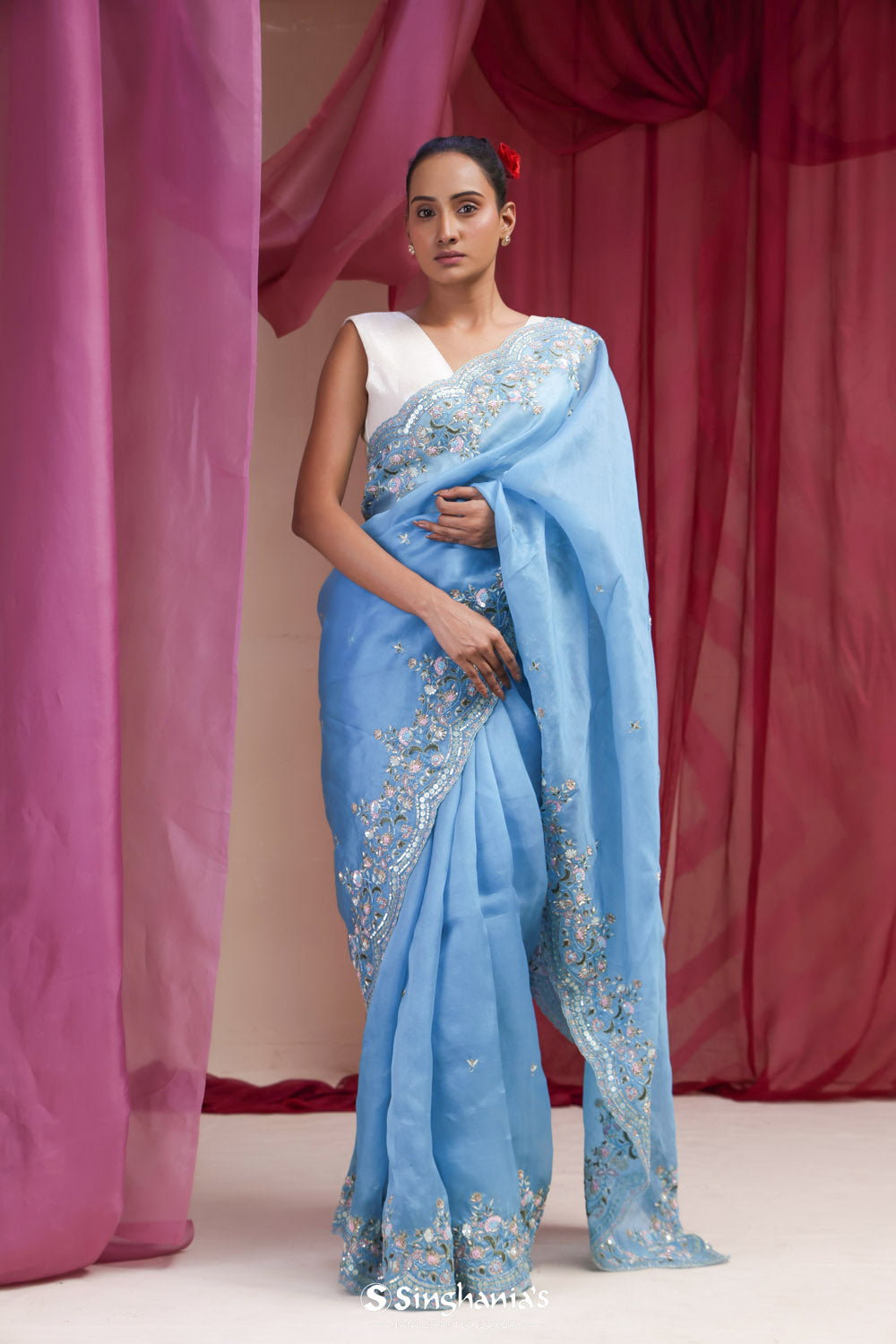 Carolina Blue Organza Designer Saree With Floral Embroidery