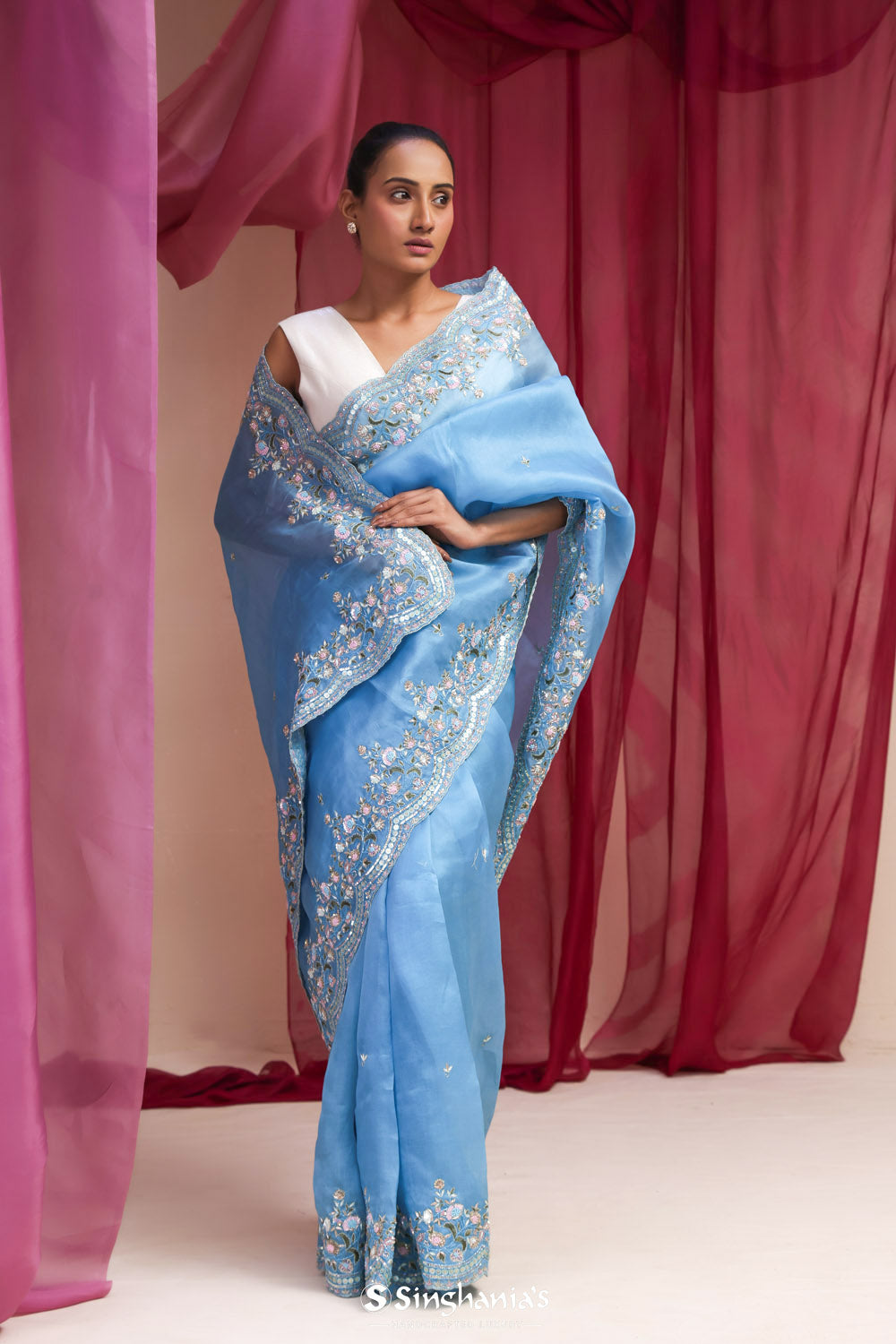 Carolina Blue Organza Designer Saree With Floral Embroidery