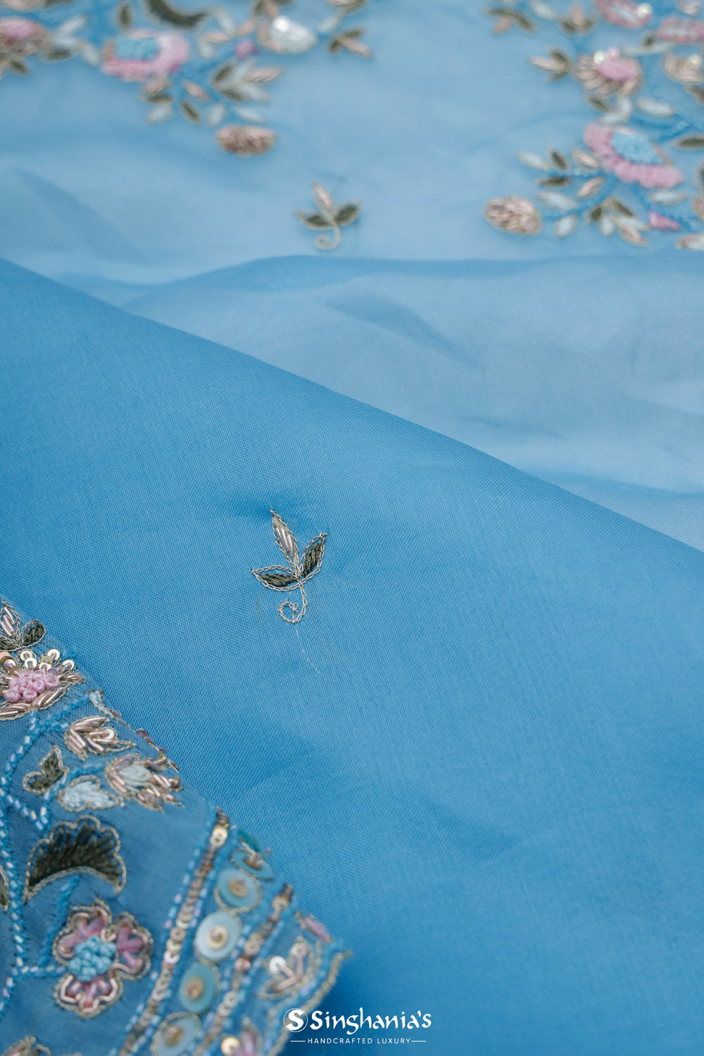 Carolina Blue Organza Designer Saree With Floral Embroidery