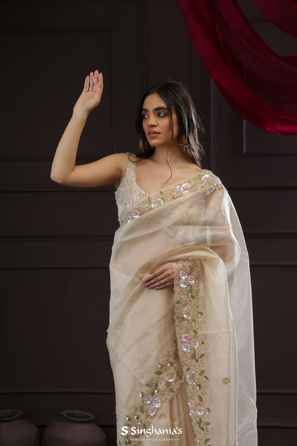 Abstract White Tissue Designer Saree With Floral Embroidery