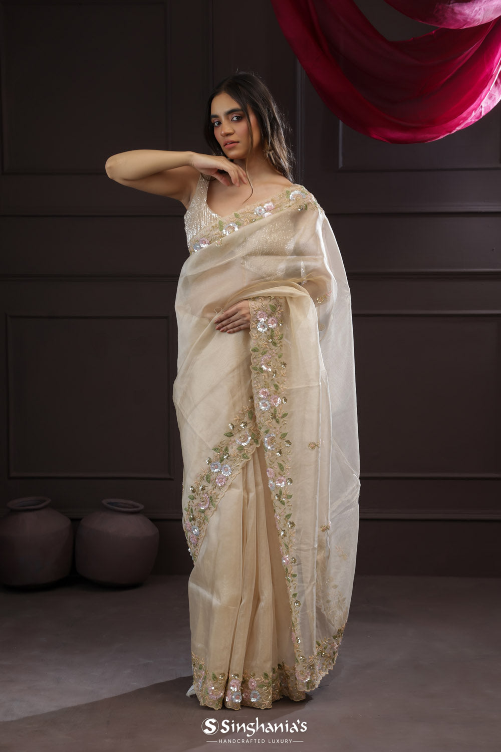Abstract White Tissue Designer Saree With Floral Embroidery