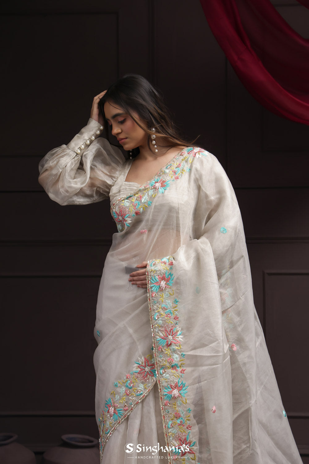 Cascading White Tissue Designer Saree With Floral Embroidery