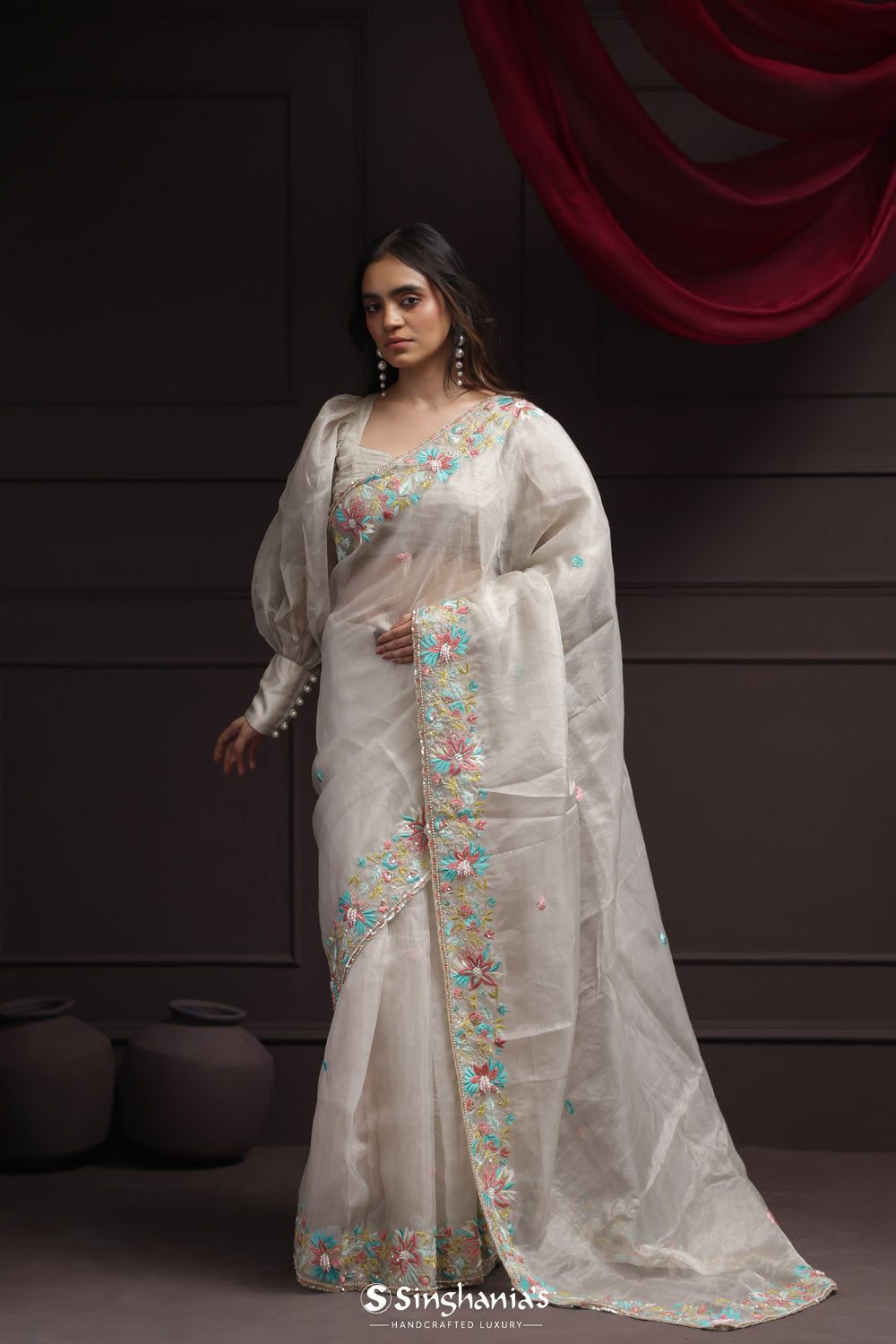 Cascading White Tissue Designer Saree With Floral Embroidery