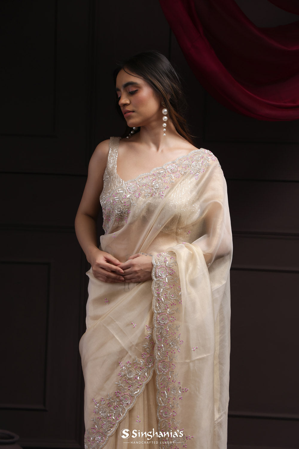 Floral White Tissue Designer Saree With Floral Embroidery